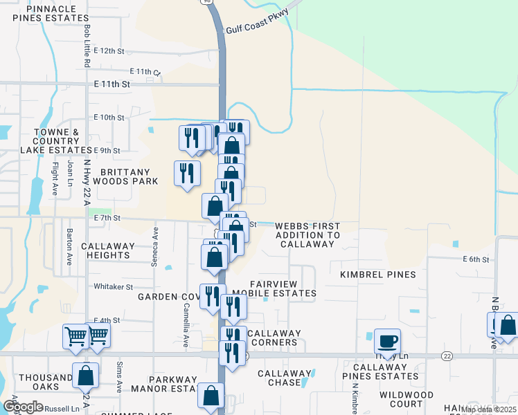 map of restaurants, bars, coffee shops, grocery stores, and more near 5784 Callaway Circle in Panama City