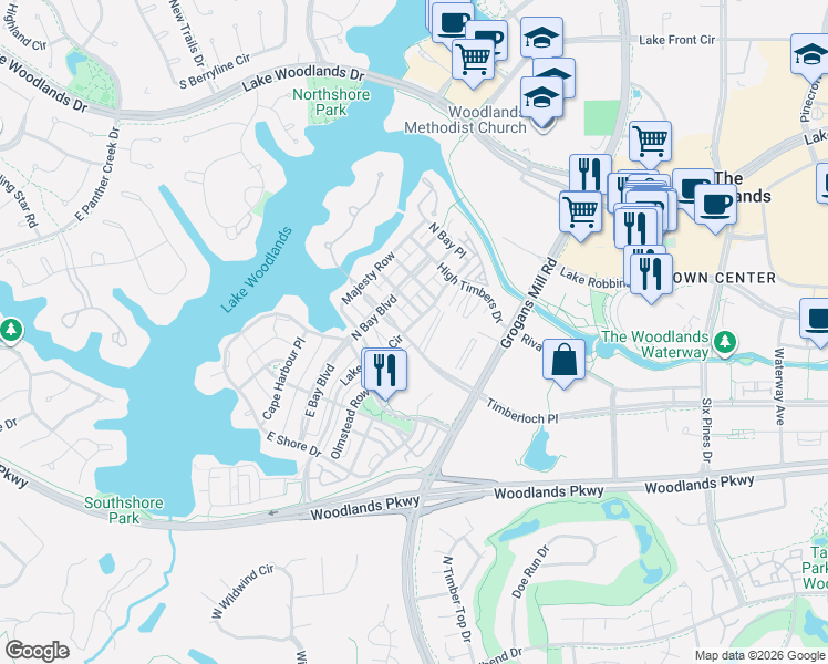 map of restaurants, bars, coffee shops, grocery stores, and more near 2801 Lake Front Circle in The Woodlands
