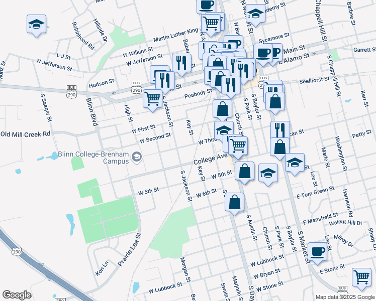 map of restaurants, bars, coffee shops, grocery stores, and more near 500 College Avenue in Brenham