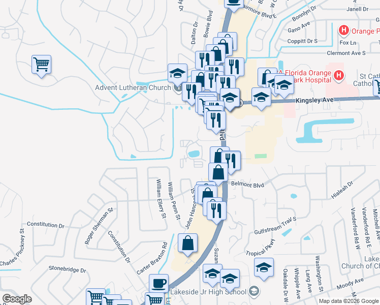 map of restaurants, bars, coffee shops, grocery stores, and more near 2121 Burwick Avenue in Orange Park