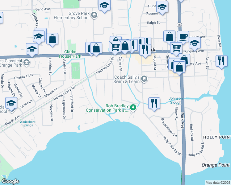 map of restaurants, bars, coffee shops, grocery stores, and more near 2273 Holly Leaf Lane in Orange Park
