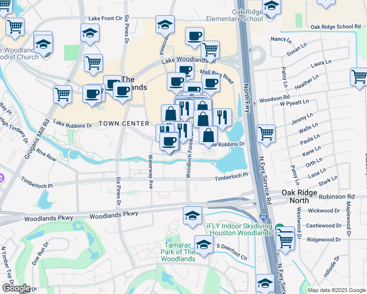 map of restaurants, bars, coffee shops, grocery stores, and more near 3 Waterway Square Place in The Woodlands