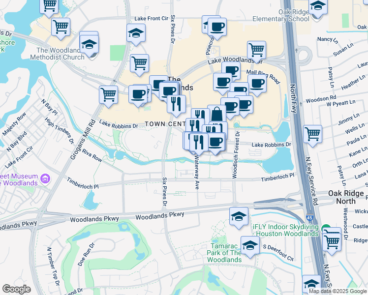 map of restaurants, bars, coffee shops, grocery stores, and more near 1601 Lake Robbins Drive in The Woodlands