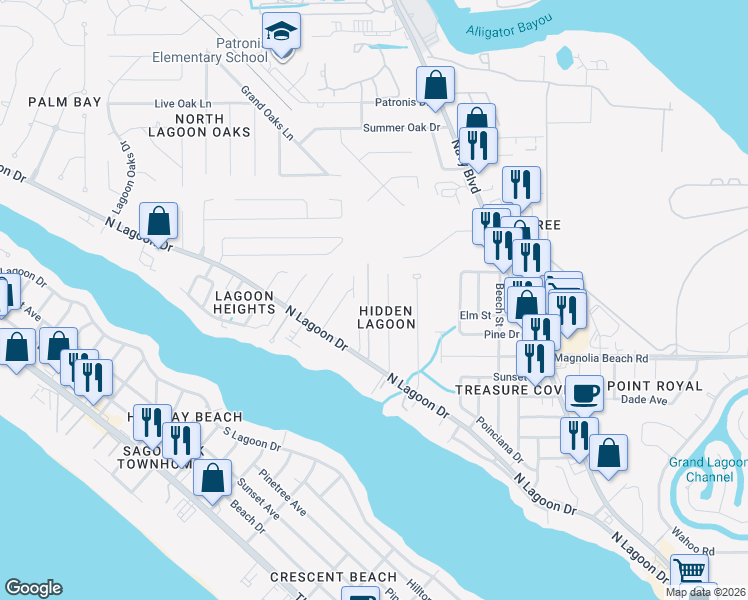 map of restaurants, bars, coffee shops, grocery stores, and more near 3716 Tiki Drive in Panama City Beach