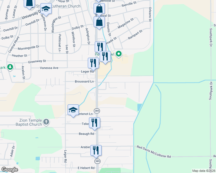 map of restaurants, bars, coffee shops, grocery stores, and more near 705 Sundale Drive in Lake Charles