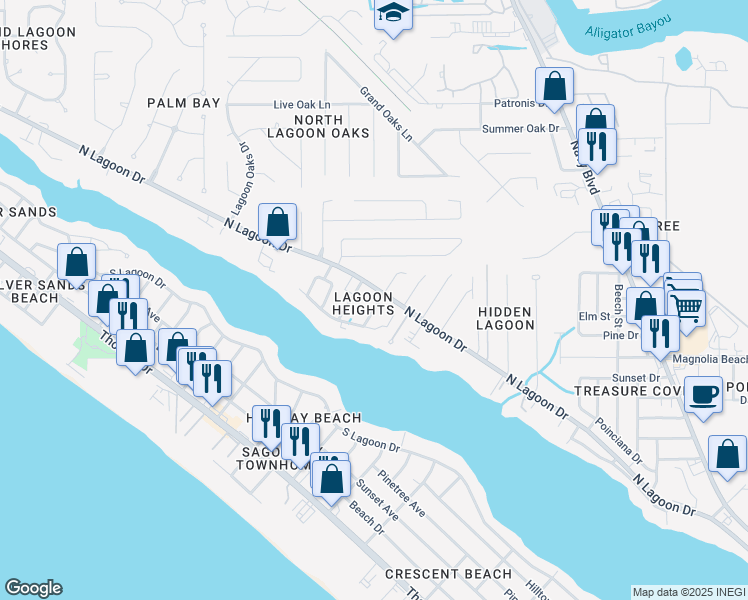 map of restaurants, bars, coffee shops, grocery stores, and more near 7101 North Lagoon Drive in Panama City