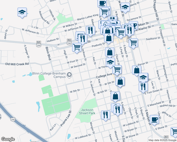 map of restaurants, bars, coffee shops, grocery stores, and more near 605 West Third Street in Brenham