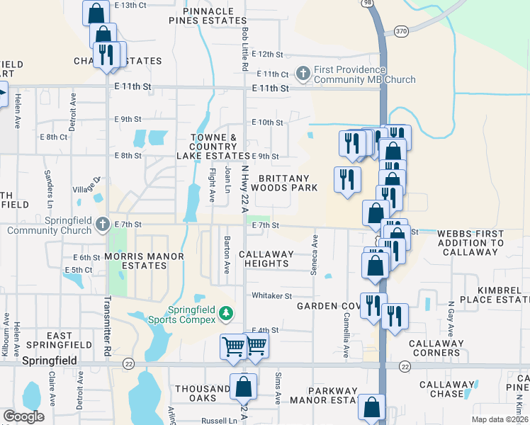 map of restaurants, bars, coffee shops, grocery stores, and more near in Springfield