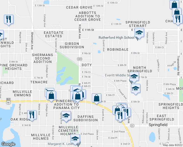 map of restaurants, bars, coffee shops, grocery stores, and more near 708 Kraft Avenue in Panama City