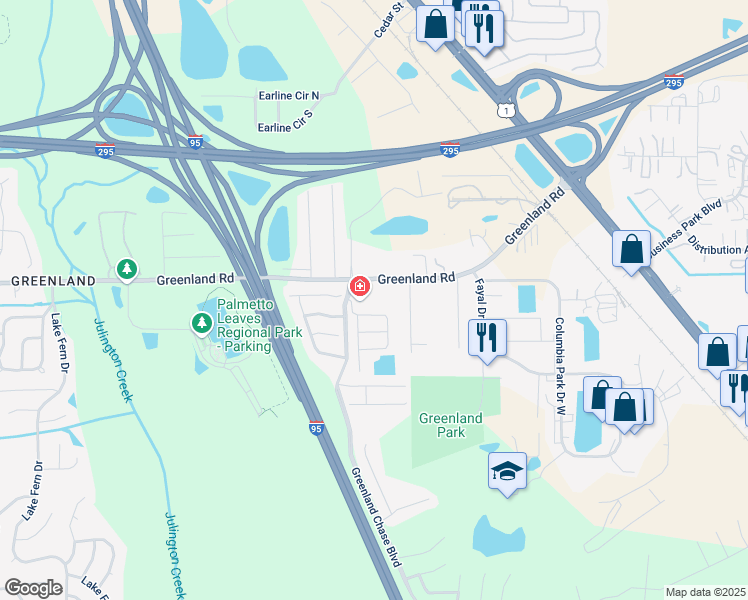 map of restaurants, bars, coffee shops, grocery stores, and more near 6100 Greenland Road in Jacksonville
