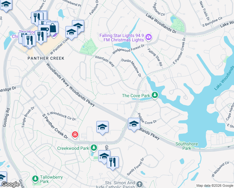 map of restaurants, bars, coffee shops, grocery stores, and more near 14 Rosedale Brook Court in Spring