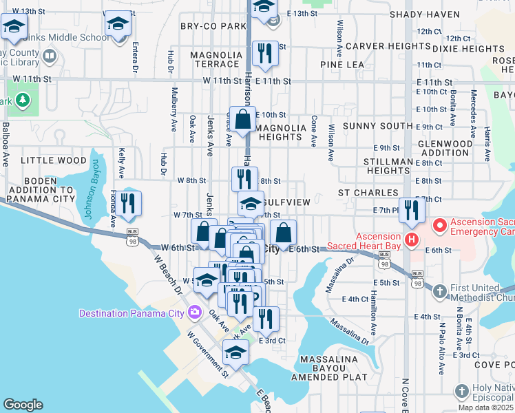 map of restaurants, bars, coffee shops, grocery stores, and more near 687-699 Magnolia Avenue in Panama City