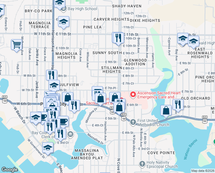 map of restaurants, bars, coffee shops, grocery stores, and more near 633 East 7th Street in Panama City