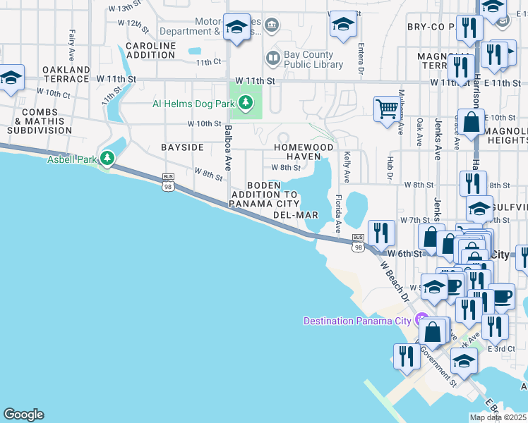 map of restaurants, bars, coffee shops, grocery stores, and more near 900 West Beach Drive in Panama City
