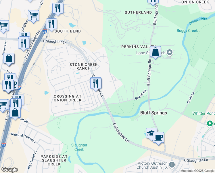 map of restaurants, bars, coffee shops, grocery stores, and more near 810 East Slaughter Lane in Austin