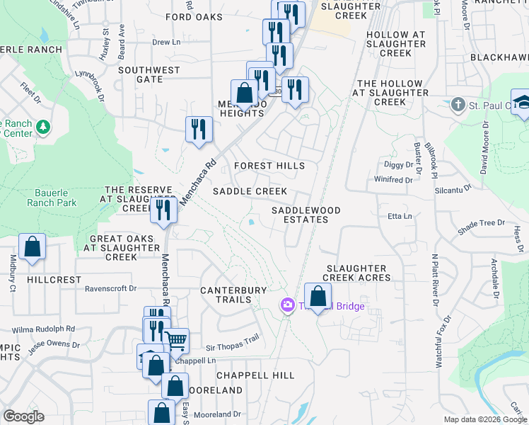 map of restaurants, bars, coffee shops, grocery stores, and more near 10620 Razil Court in Austin