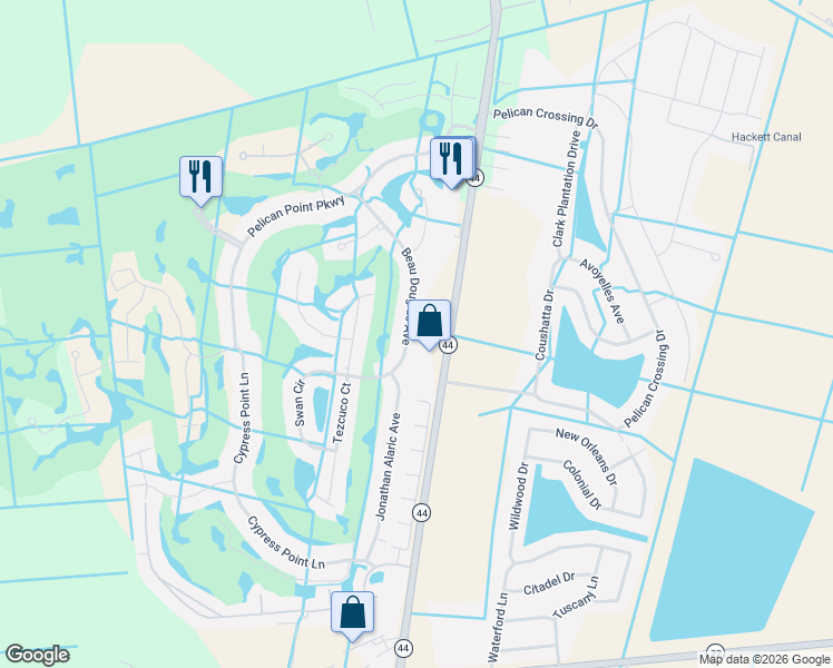 map of restaurants, bars, coffee shops, grocery stores, and more near 6251 Louisiana 44 in Gonzales