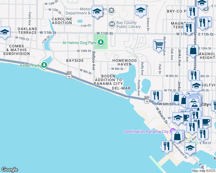 map of restaurants, bars, coffee shops, grocery stores, and more near 900 West Beach Drive in Panama City
