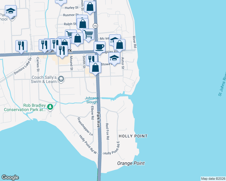 map of restaurants, bars, coffee shops, grocery stores, and more near 2301 Park Avenue in Orange Park
