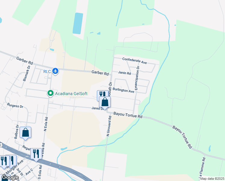 map of restaurants, bars, coffee shops, grocery stores, and more near 102 Burlington Avenue in Broussard