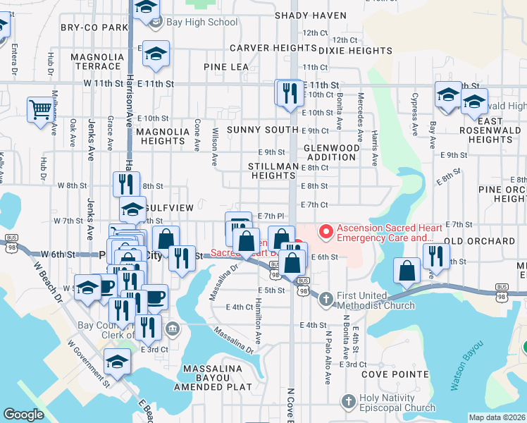 map of restaurants, bars, coffee shops, grocery stores, and more near 633 East 7th Street in Panama City