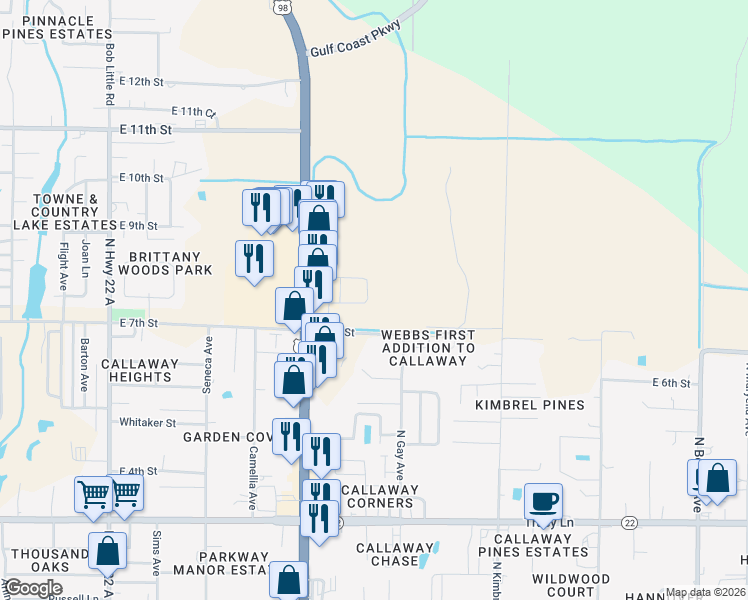 map of restaurants, bars, coffee shops, grocery stores, and more near 5784 Callaway Circle in Panama City