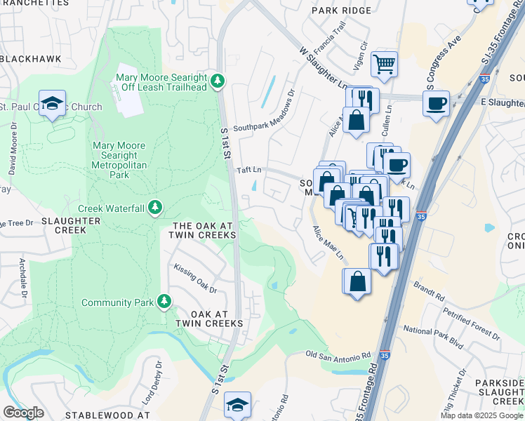 map of restaurants, bars, coffee shops, grocery stores, and more near 10001 South 1st Street in Austin