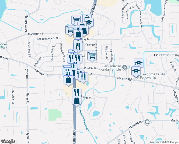 map of restaurants, bars, coffee shops, grocery stores, and more near 3114 Starburst Way in Jacksonville