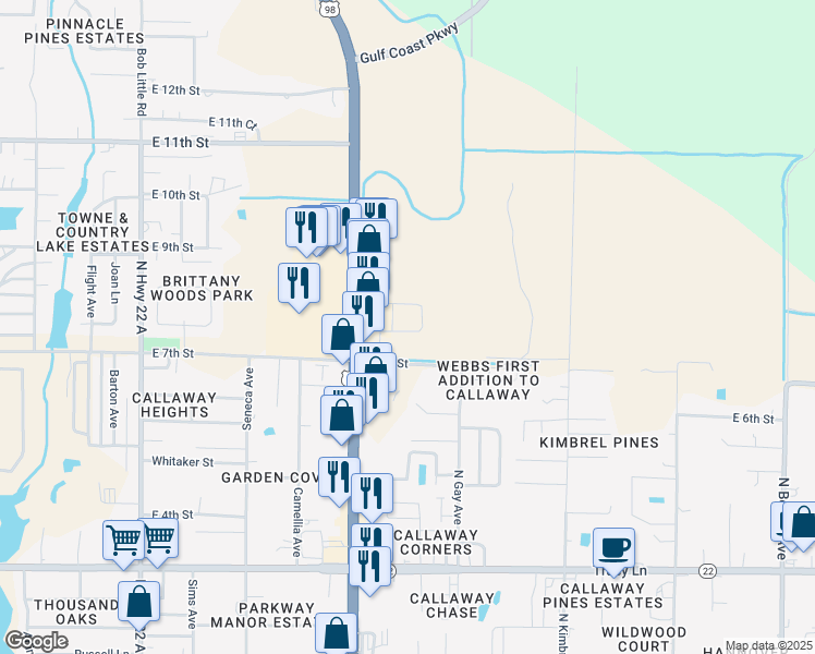 map of restaurants, bars, coffee shops, grocery stores, and more near 5784 Callaway Circle in Panama City