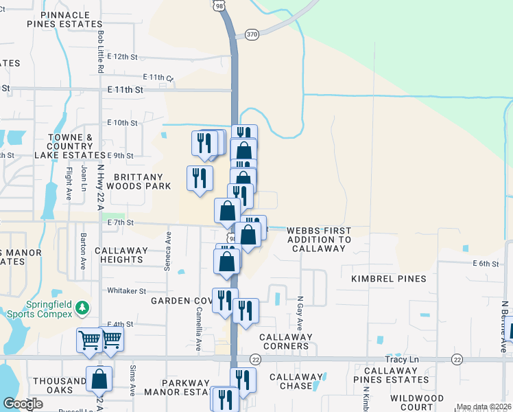 map of restaurants, bars, coffee shops, grocery stores, and more near 626 North Tyndall Parkway in Callaway