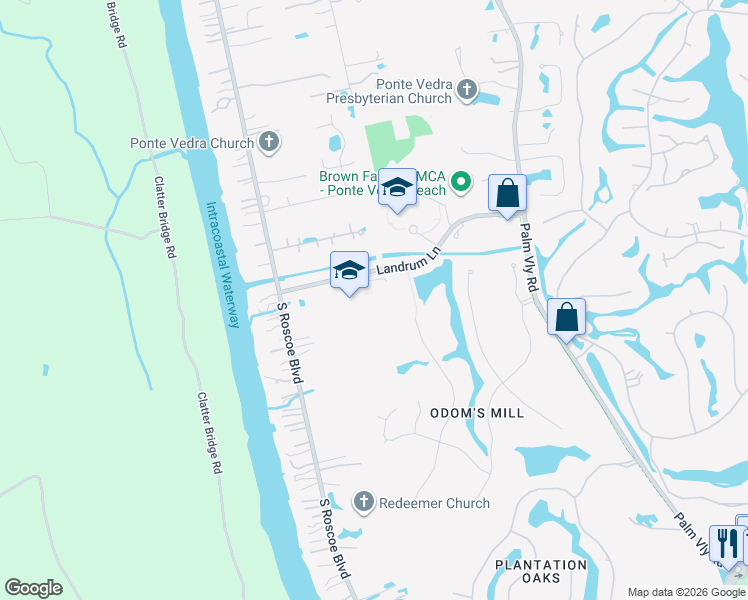 map of restaurants, bars, coffee shops, grocery stores, and more near 355 Landrum Lane in Ponte Vedra Beach
