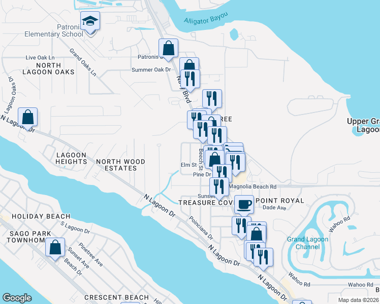 map of restaurants, bars, coffee shops, grocery stores, and more near 6340 Pine Drive in Panama City