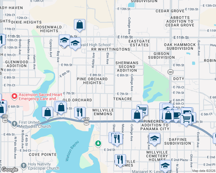 map of restaurants, bars, coffee shops, grocery stores, and more near 720 Maple Avenue in Panama City