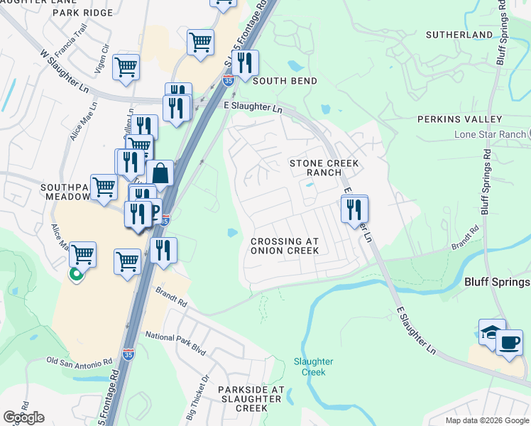 map of restaurants, bars, coffee shops, grocery stores, and more near 8710 Meridian Oak Lane in Austin