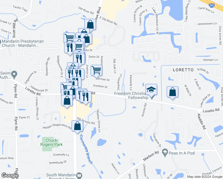 map of restaurants, bars, coffee shops, grocery stores, and more near 3134 Purdom Drive in Jacksonville