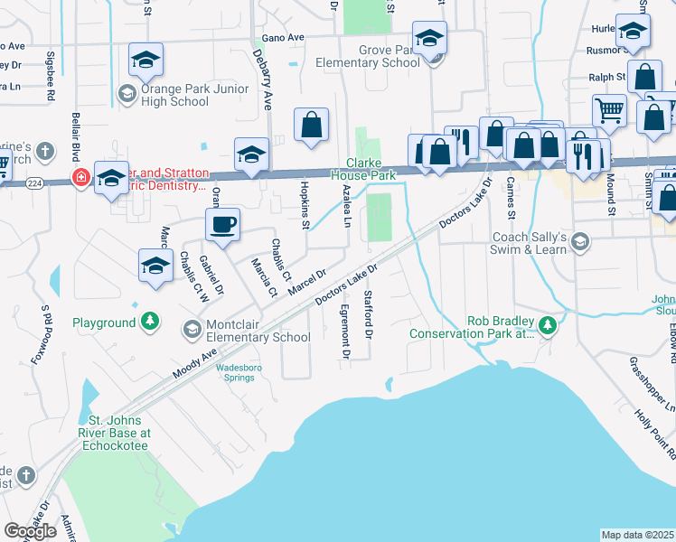map of restaurants, bars, coffee shops, grocery stores, and more near 2203 Marcel Drive in Orange Park