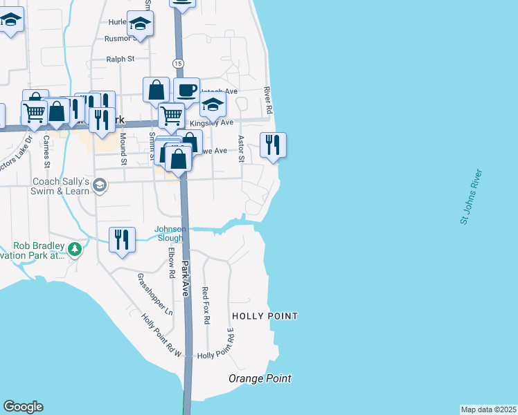 map of restaurants, bars, coffee shops, grocery stores, and more near 2223 Astor Street in Orange Park