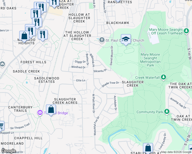 map of restaurants, bars, coffee shops, grocery stores, and more near 907 Silcantu Drive in Austin