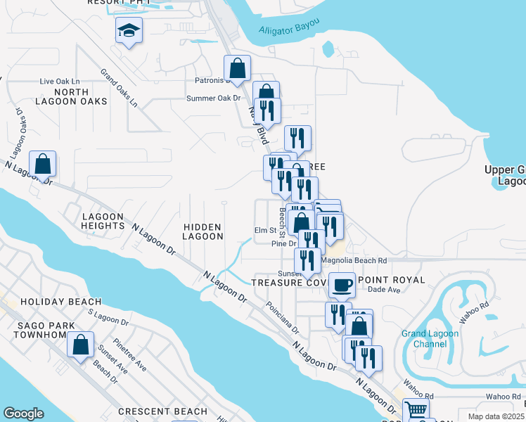 map of restaurants, bars, coffee shops, grocery stores, and more near 6340 Pine Drive in Panama City