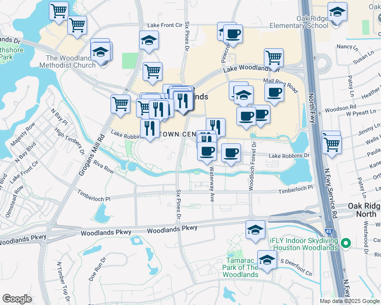 map of restaurants, bars, coffee shops, grocery stores, and more near 1601 Lake Robbins Drive in Spring
