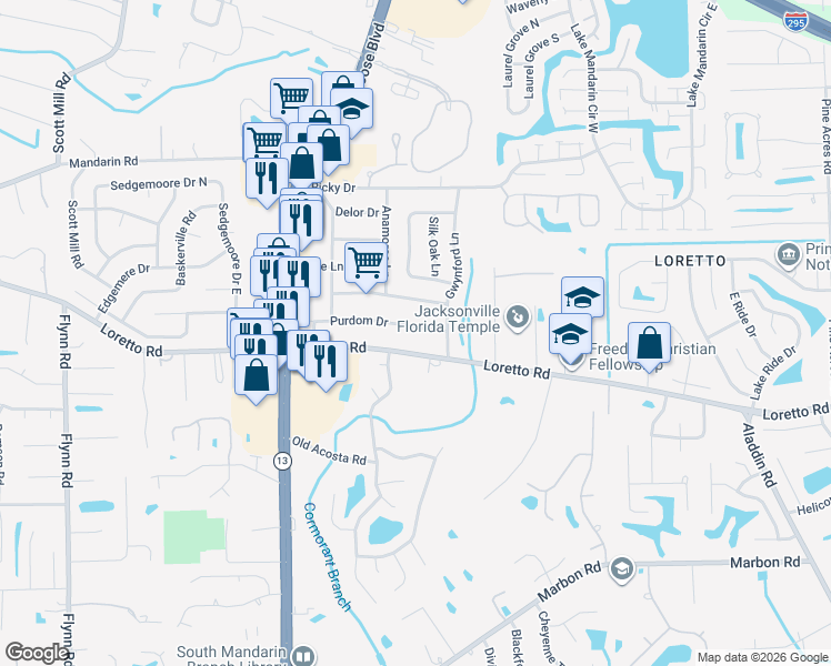 map of restaurants, bars, coffee shops, grocery stores, and more near 3126 Purdom Drive in Jacksonville