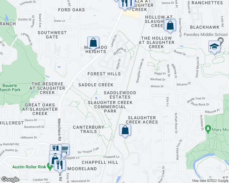 map of restaurants, bars, coffee shops, grocery stores, and more near Old Manchaca Road in Austin