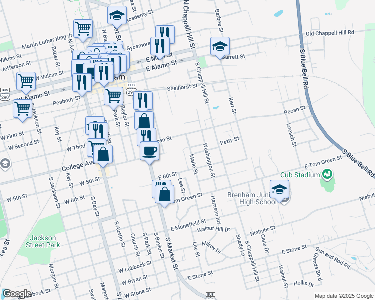 map of restaurants, bars, coffee shops, grocery stores, and more near 806 Marie Street in Brenham
