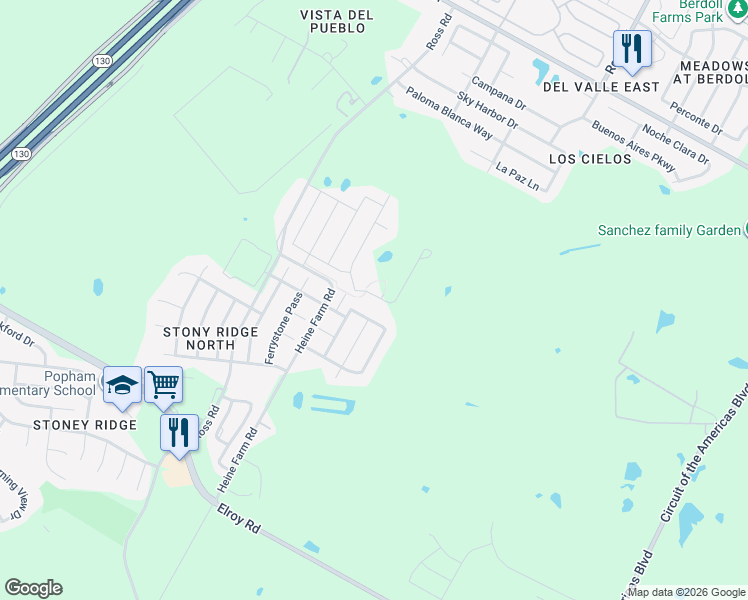 map of restaurants, bars, coffee shops, grocery stores, and more near 6600 Albany Sleigh Drive in Del Valle