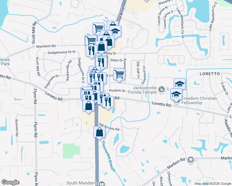 map of restaurants, bars, coffee shops, grocery stores, and more near 3067 Purdom Drive in Jacksonville