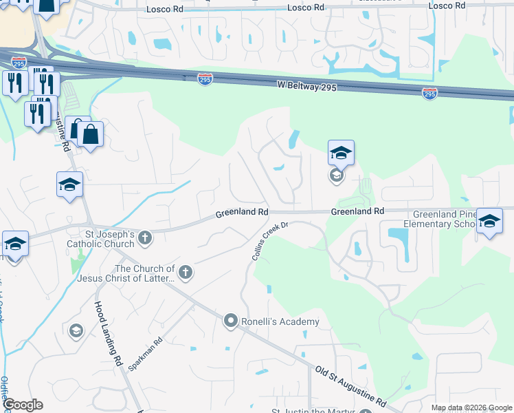 map of restaurants, bars, coffee shops, grocery stores, and more near 11644 Summer Brook Court in Jacksonville