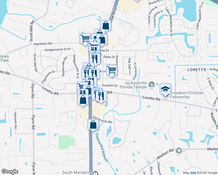 map of restaurants, bars, coffee shops, grocery stores, and more near 3067 Purdom Drive in Jacksonville