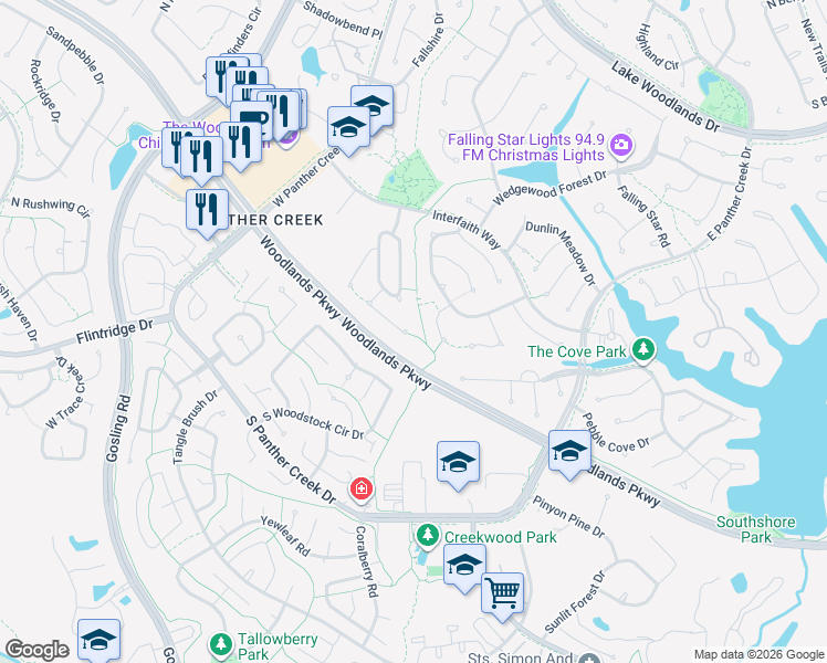 map of restaurants, bars, coffee shops, grocery stores, and more near 36 Dellforest Court in Spring