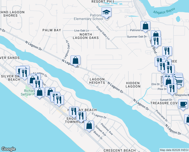 map of restaurants, bars, coffee shops, grocery stores, and more near 7125 North Lagoon Drive in Panama City Beach