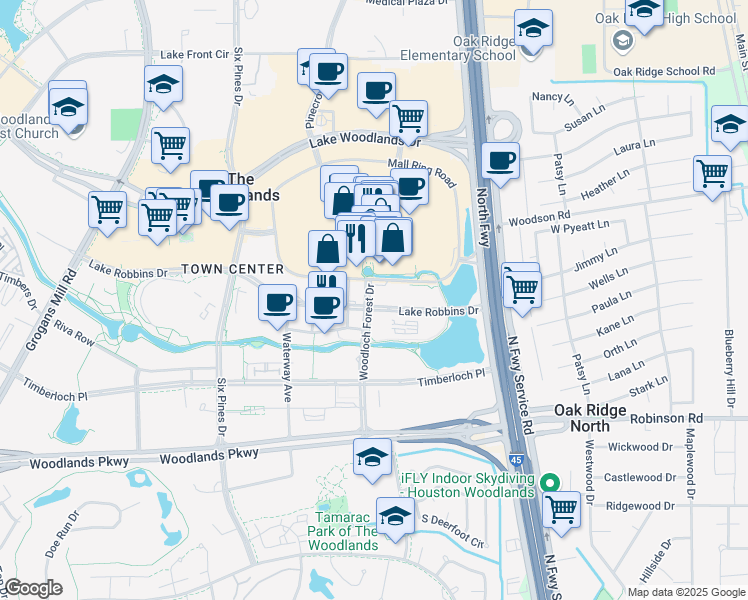 map of restaurants, bars, coffee shops, grocery stores, and more near 1330 Lake Robbins Drive in The Woodlands